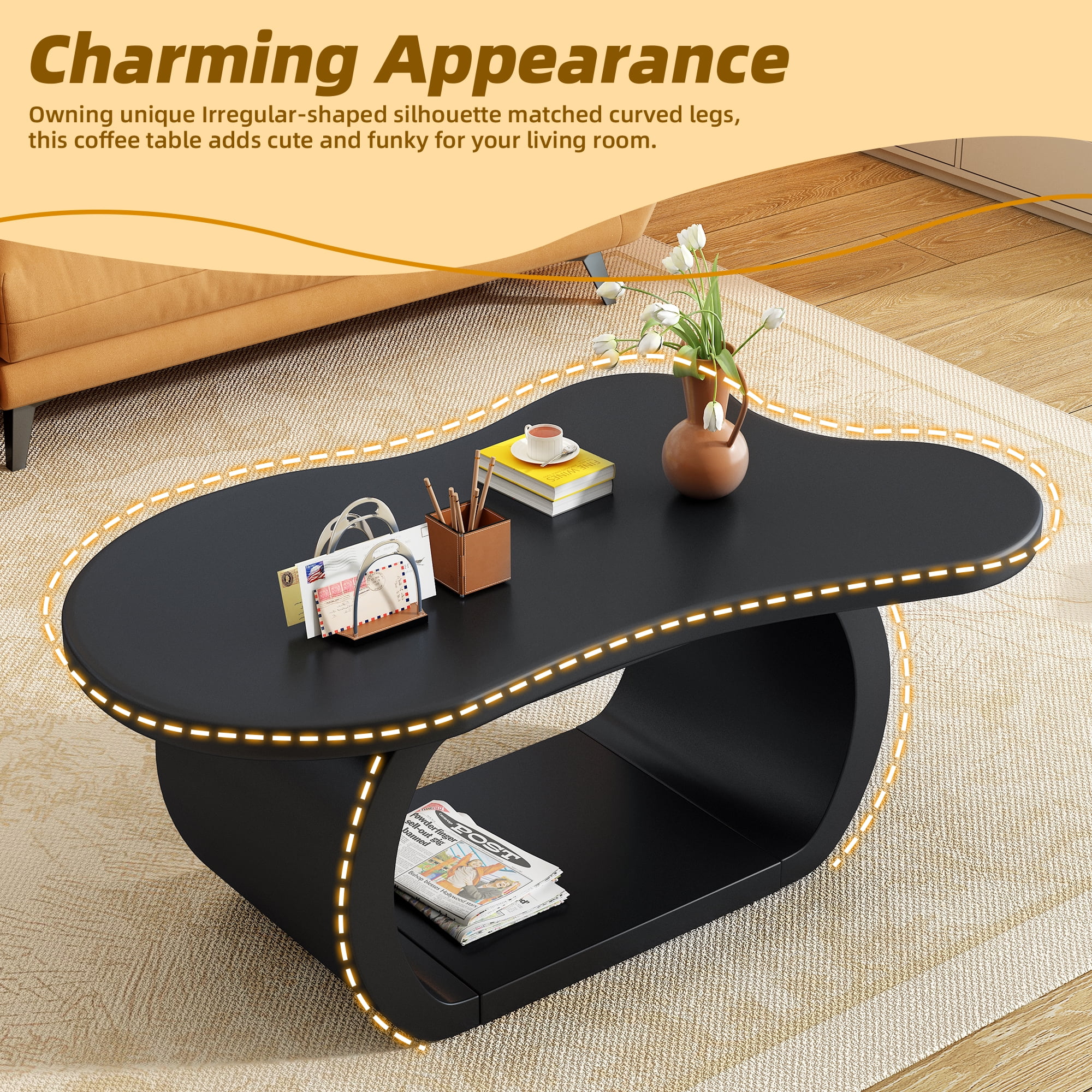 Euroco Charming Irregular-Shaped Coffee Table with Curved Legs, Cloud-Shaped Top, and Smooth MDF Surface – Compact & Easy Assembly for Living Room, Bedroom, or Balcony