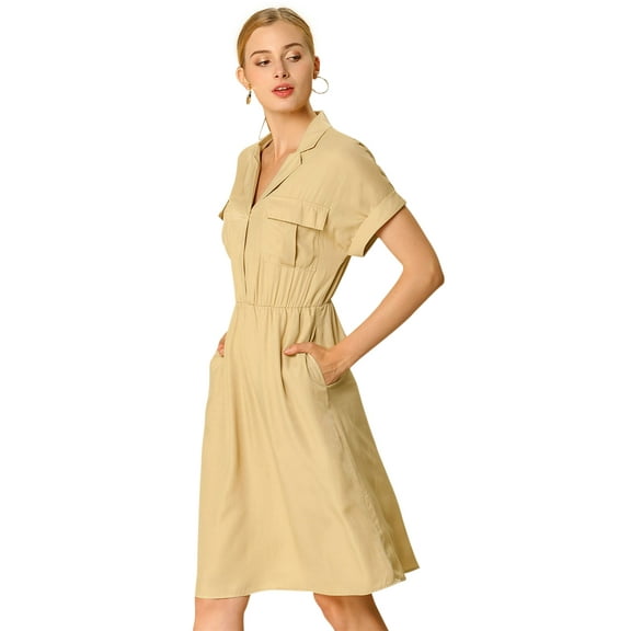 DARING DIVA Notched Lapel V-Neck Above Knee Elastic Waist Shirt Dress S Khaki