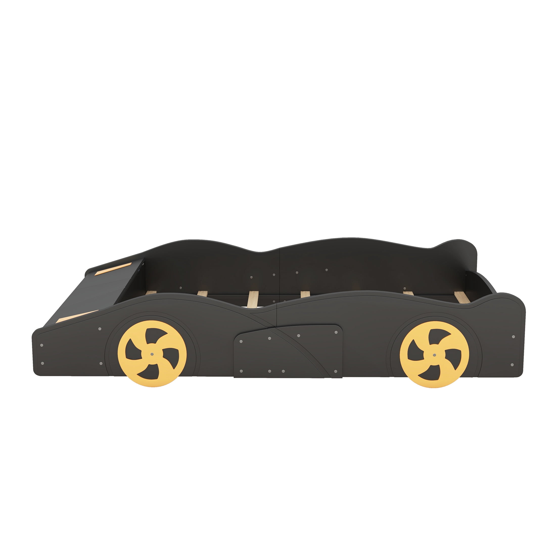 Noble House Full Size Race Car-Shaped Platform Bed with Front Storage, Pine Wood Frame, Black & Yellow