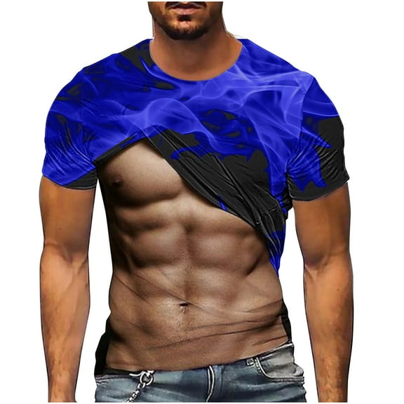 New summer arrivals SSAAVKUY Men Fake Muscle T-shirts Short Sleeve Crew Neck Tops Funny 3D Print Soft Tees Casual Trendy Fitness Comfy Blouses Blue 8