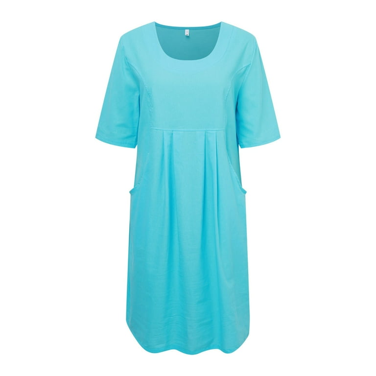 Riforla Summer Dresses for Women Solid Color Cotton Linen Pockets Tunic  Midi Dress Frame Dress Blue XL - Walmart.com