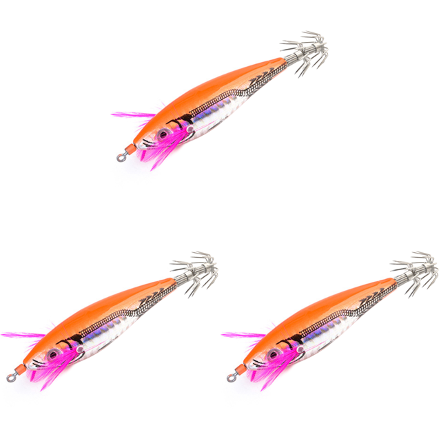 Señuelo de calamar y camarón de madera, ojos 3D de 7cm con anzuelos, cebo para amantes de la pesca, color naranja
