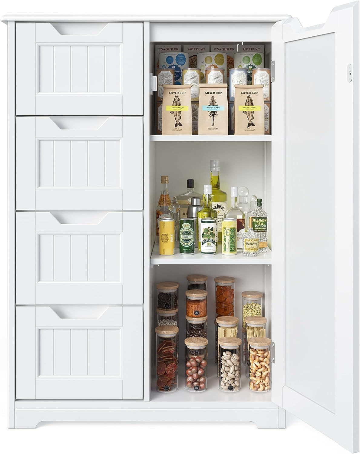 Pantry Cabinet, Lofka 33" Small Kitchen Pantry Storage Cabinet with 1 Door, 2 Shelves, 4 Drawers, White