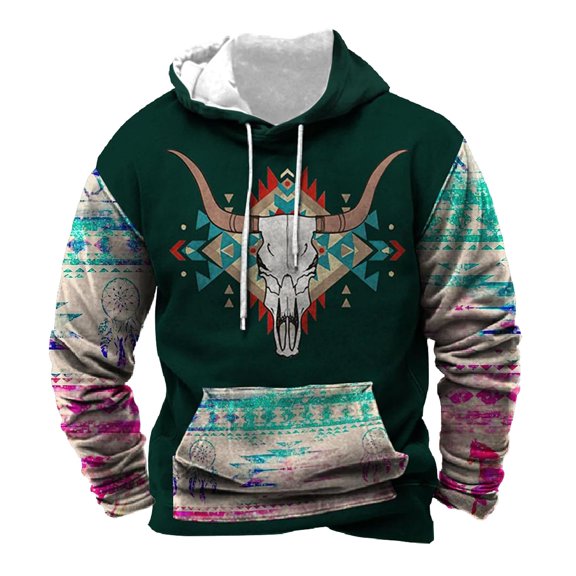 IWRICH Hoodies for Men Aztec Cowboy Western Retro Ethnic Printed Hooded Sweatshirt Fashion Graphic Fall Pullover Tops 05-Army Green XL