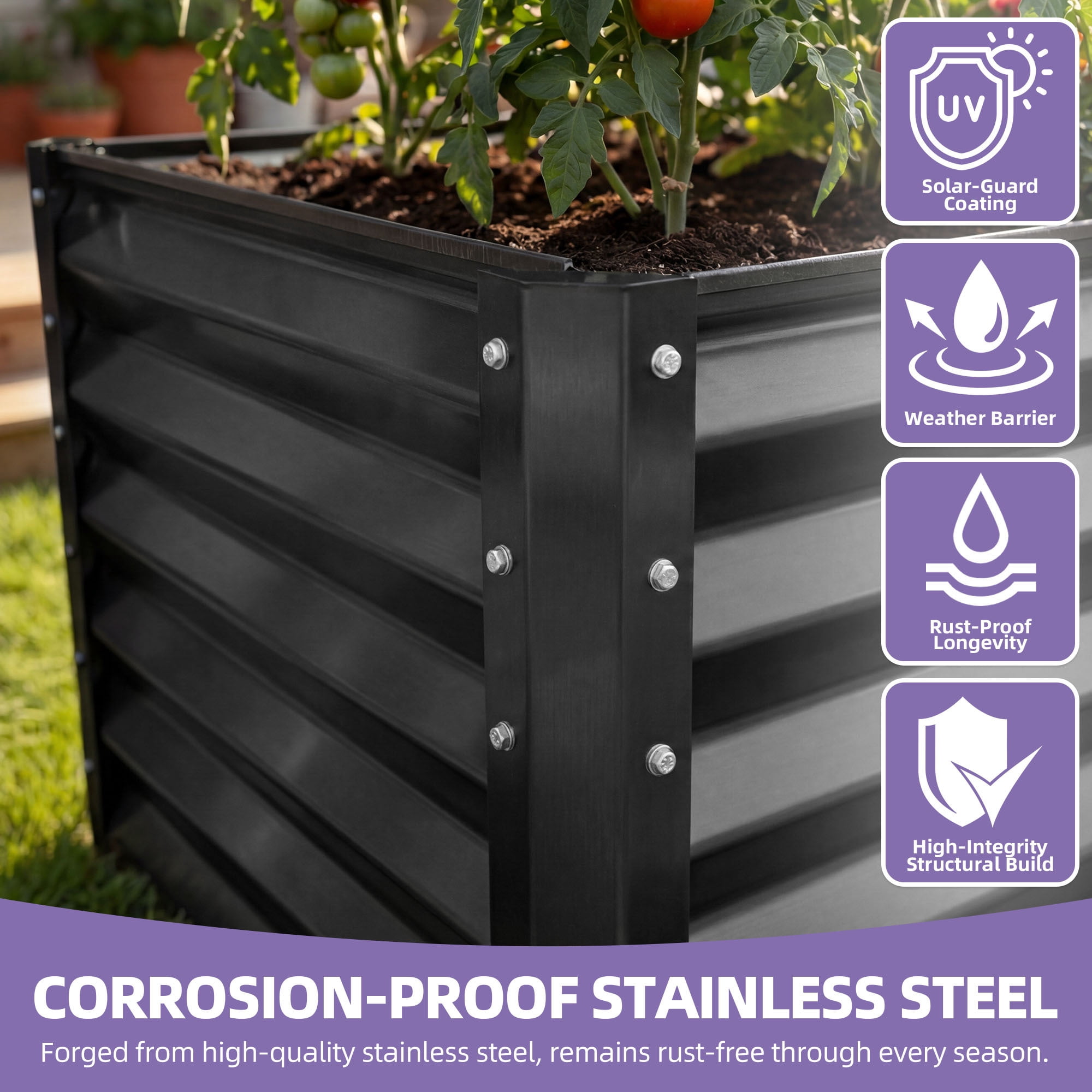 Uforic 8x4x3ft Large Galvanized Metal Raised Garden Bed Kit with Gloves, Support Rod & Safety Rubber, Outdoor Above Ground Planters for Plants Vegetables Flowers, Black