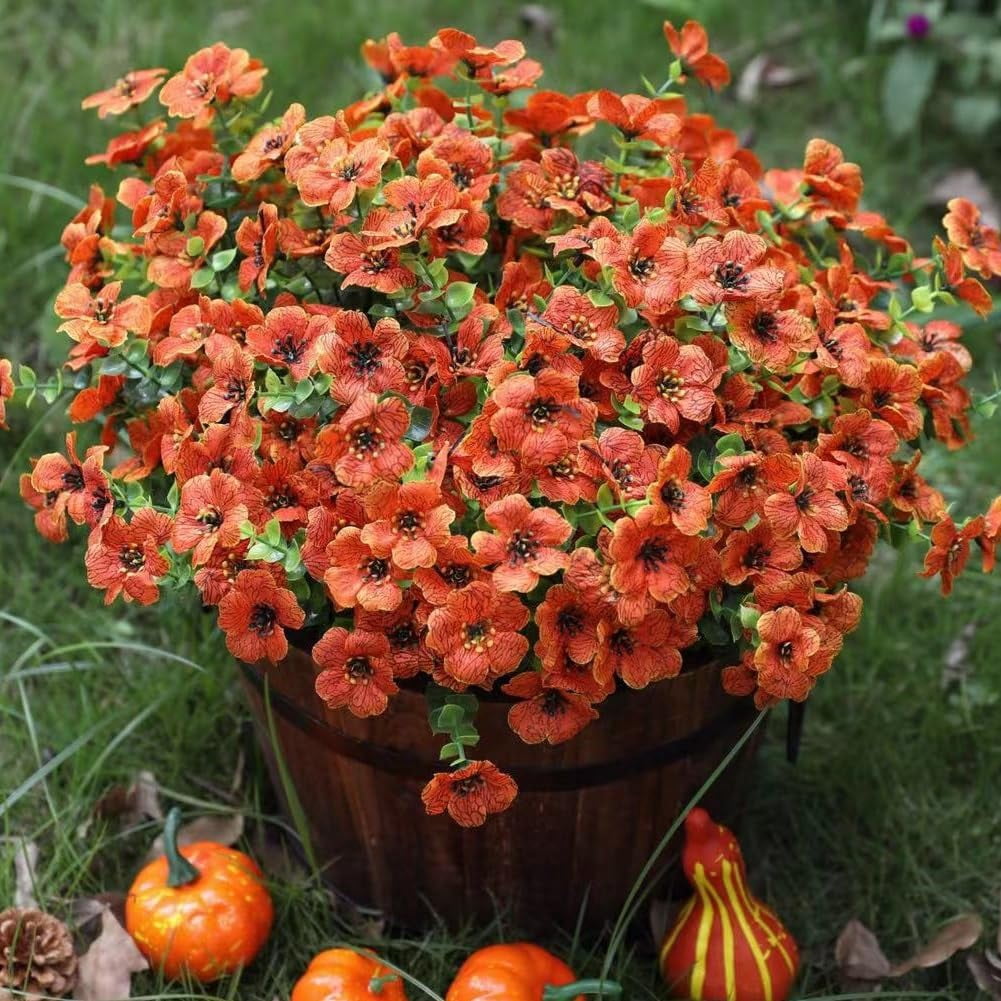 TETOU 16Pcs Artificial Plants Flowers, 13.8*7.5" Fake Silk Colorful Daisy Eucalyptus, UV Resistant Fake Flowers with Plastic Plants for Outside Home Porch Patio Window Yard Decor, Orange Green