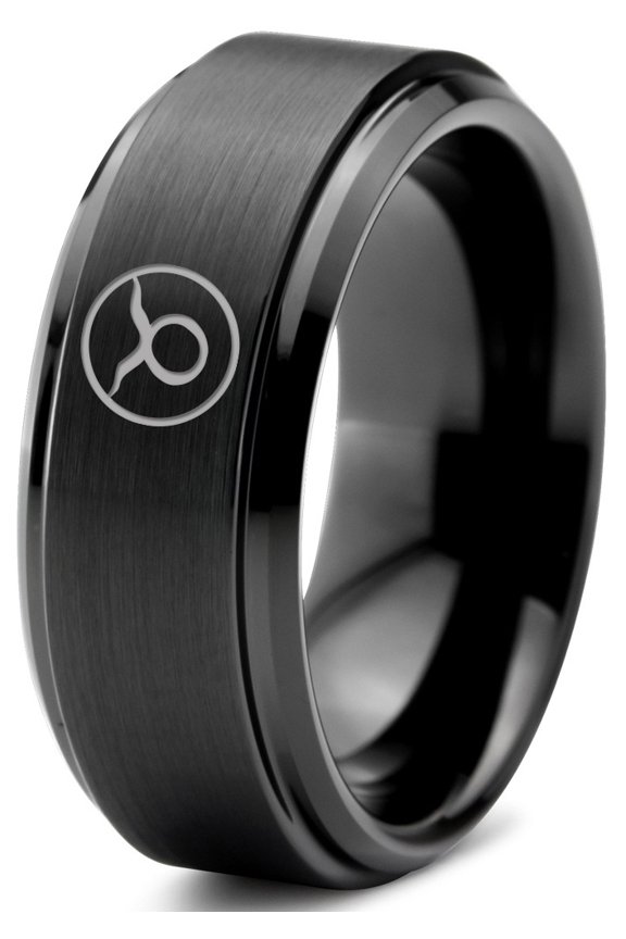 Tungsten Horoscope Taurus Band Ring 8mm Men Women Comfort Fit Black Step Bevel Edge Brushed Polished