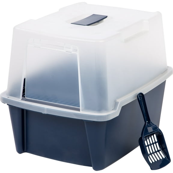 IRIS USA Large Enclosed Hooded Litter Box with Front Door Flap and Scoop, Entry Gate for Privacy and Keeping Litter Inside, Blue