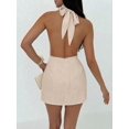 thumbnail image 2 of Khaki Solid High Neck Sleeveless Mini Dress, Elegant Slip Style For Party Or Vacation, 2 of 6