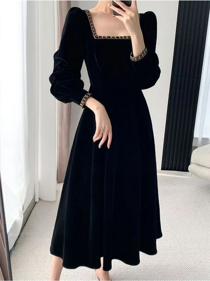 Black Velvet Midi Dress Evening Dress Wedding Guest Dress Cocktail Party  Bridesmaid Dress Formal Dress - Walmart.com