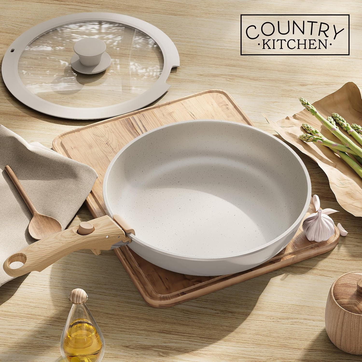 Country Kitchen Pots and Pans Cookware Set, 16-Piece, Ceramic Coated, Removable Handle, Cream
