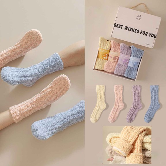 Monebena 4 Pairs Womens Fuzzy Socks with Exquisite Box Thicken Coral Velvet Winter Warm Slipper Floor Socks Cozy Soft Socks Fluffy Cute Christmas Stocking M01