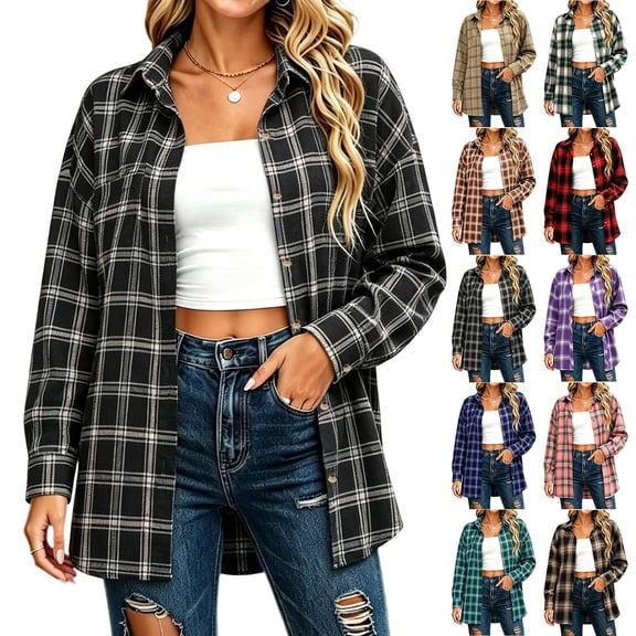 BXJX Womens Button Down Shirts, Lapel Collar Button Down Long Sleeve Soft Plaid Shirts for Spring Fall Black Size S-2XL