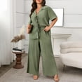 thumbnail image 2 of Caywon Women's Solid Color Casual Plus Size Lapel Short Sleeved Wide Leg Cropped Pants Home Set Spring and Summer Lightweight Set(Green,XXXXL), 2 of 4