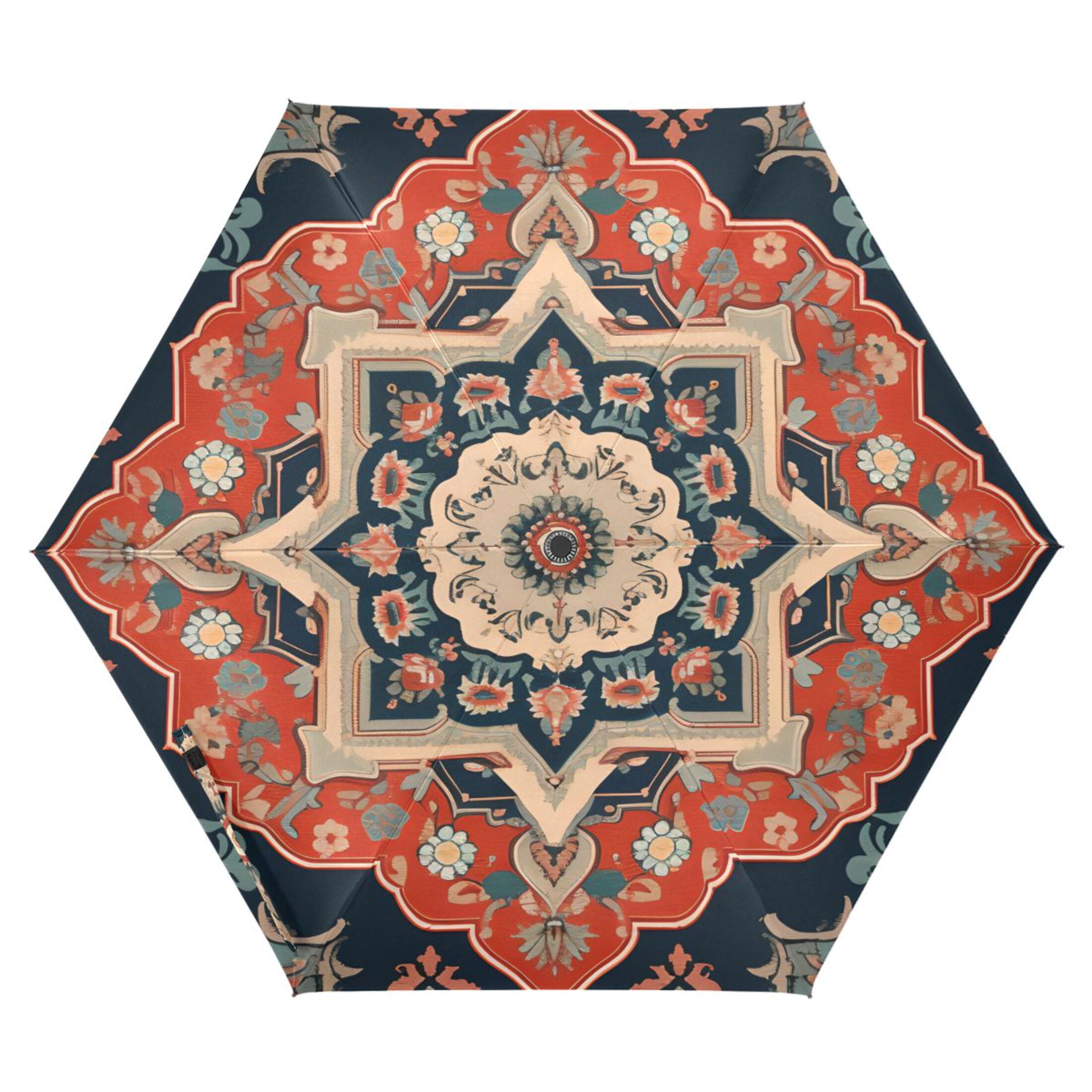 Red Boho Mandala Compact Sun Umbrella Windproof Travel Umbrellas for Rain Strong Portable UV Protection
