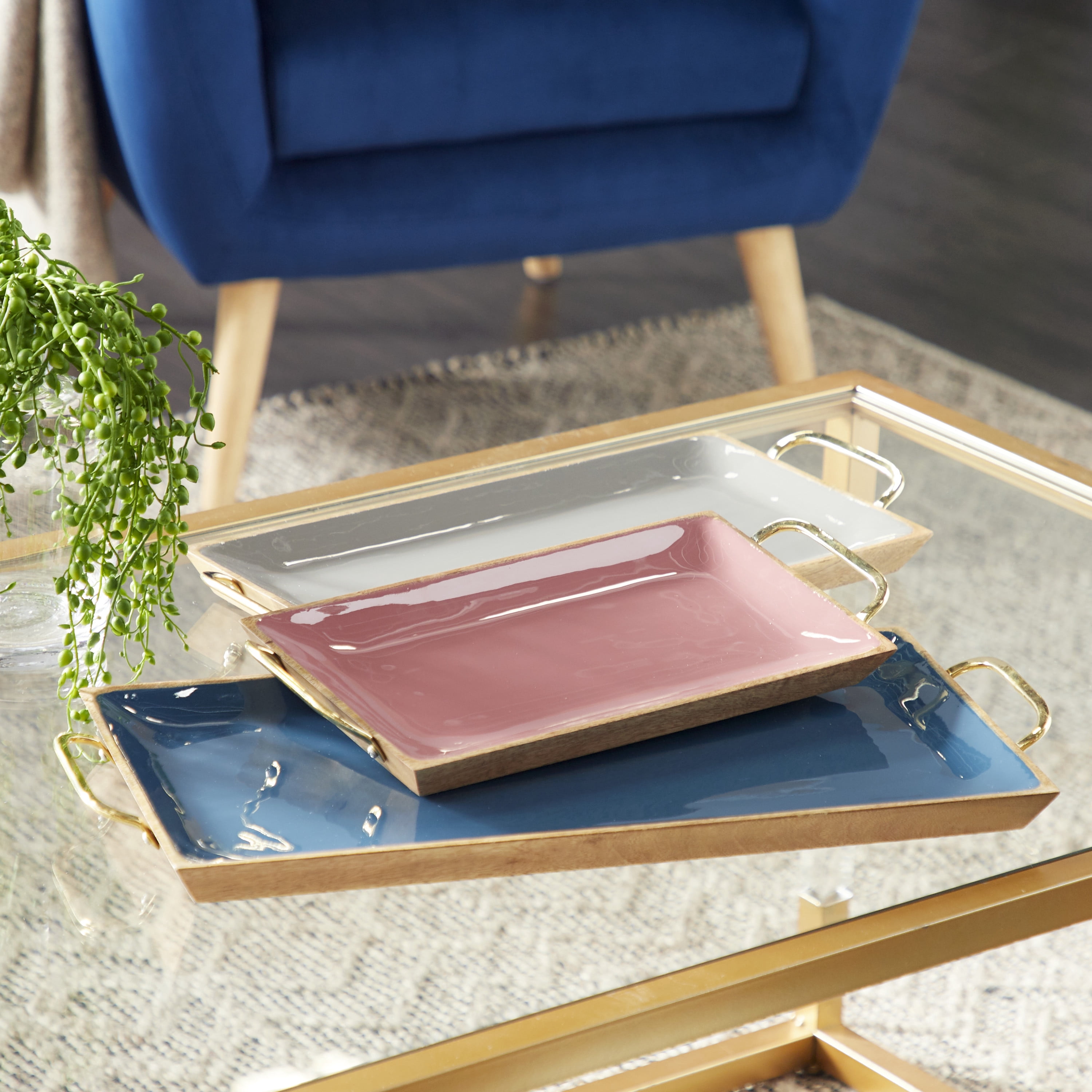 DecMode 24", 18", 15"W Multi Colored Mango Wood  Tray with Enamel Interior, 3-Pieces