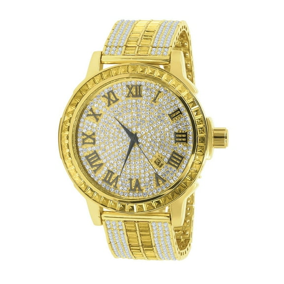 Gold Canary Tone Mens Roman Numeral Solid Steel Bezel Simulated Diamond Custom Adjustable Band Watch W/Date