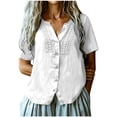 thumbnail image 2 of TGSLY Lace Crochet Trim Placket Tops for Women Notched V Neck Short Sleeve Blouses Loose Fit Dressy Casual Full Button Front Solid Color Tshirts S, 2 of 7