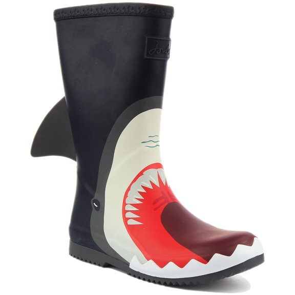 Joules JNR Roll Up Kid's Shark Print Wellington Boots In Navy Size 2
