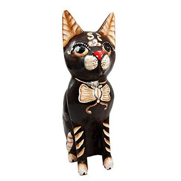 Balikraft Hand Made Wood Artisans "Kucing Loreng" Adorable Butterfly Ribbon Feline Cat Decorative Figurine 10.5"H