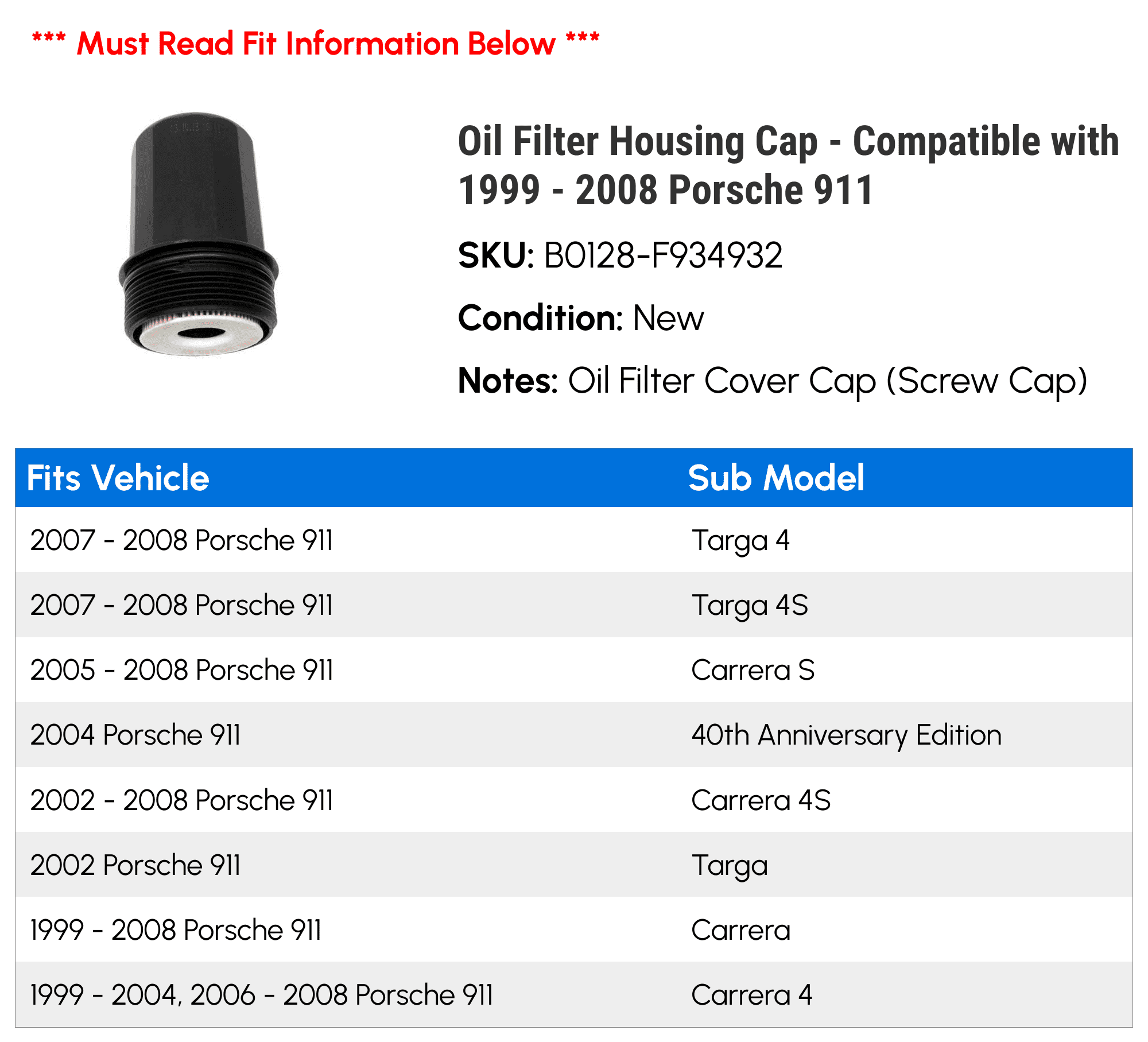 Oil Filter Housing Cap - Compatible with 1999 - 2008 Porsche 911 2000 2001 2002 2003 2004 2005 2006 2007