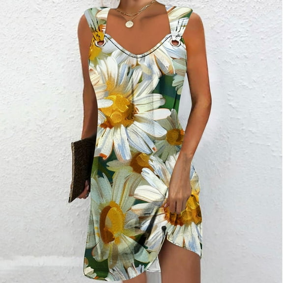 Viikei Women's Summer Boho Short Sleeve Dress,Women's Casual Versatile Printed V Neck Casual Sleeveless Suspender Dress Green M