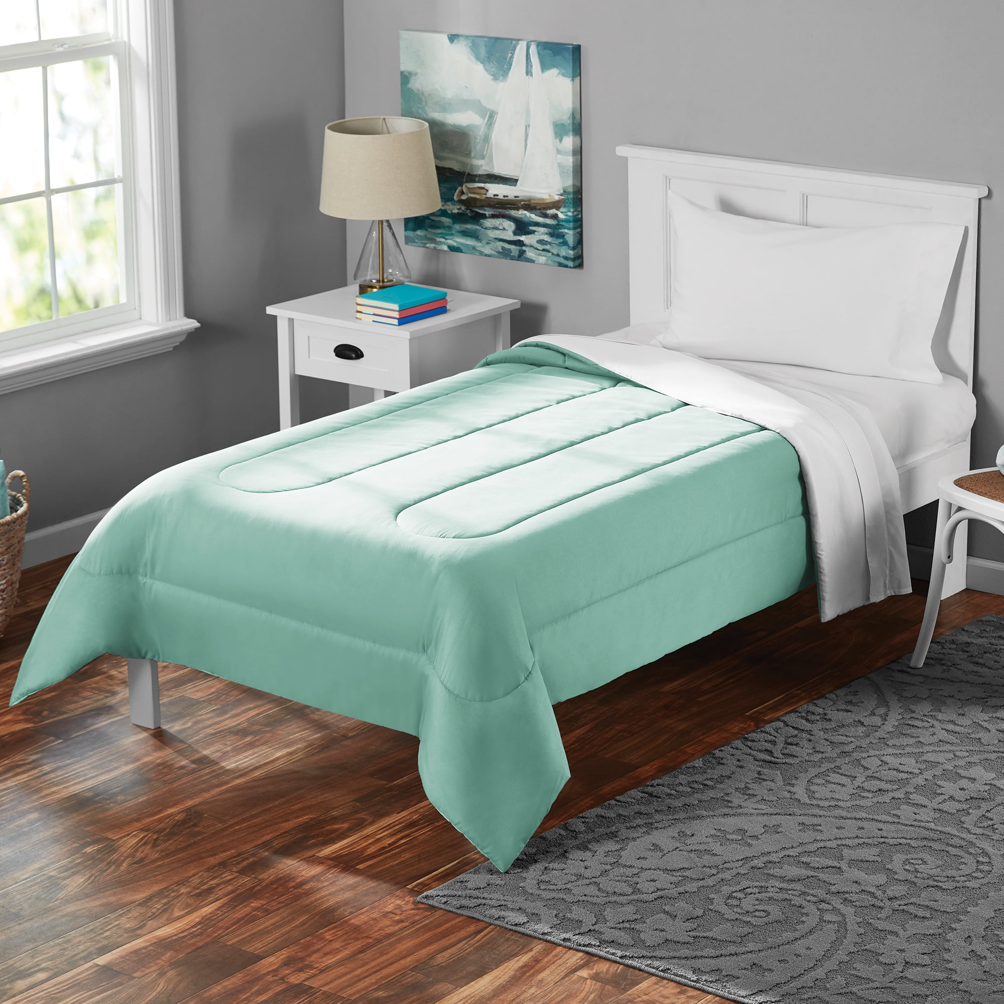 Mainstays Solid Brushed Microfiber Reversible Comforter, Mint/White