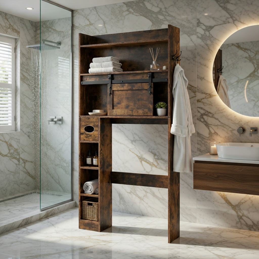 Hommoo Over-the-Toilet Storage Cabinet with Sliding Barn Door, Adjustable Shelves Bathroom Organizer for Small Spaces, Rustic Brown
