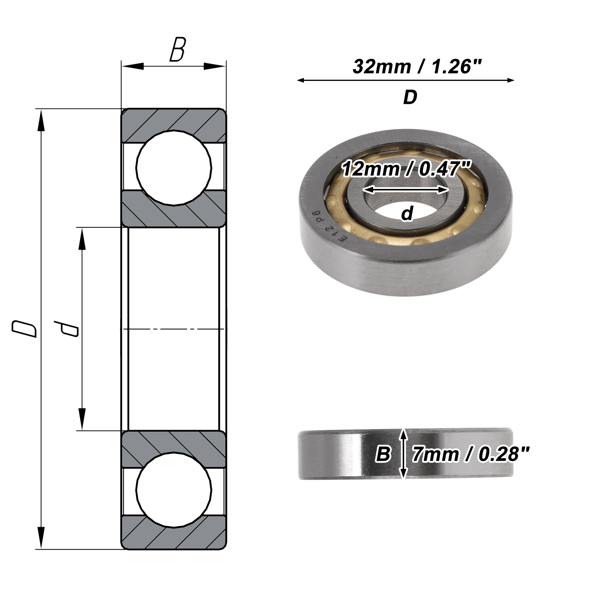Unique Bargains E12 Deep Groove Ball Bearings 12x32x7mm P6 Open Type Lubricated Bearings 1 Pc Car Scooter Skateboard Wheel Universal Silver Tone Gold Tone