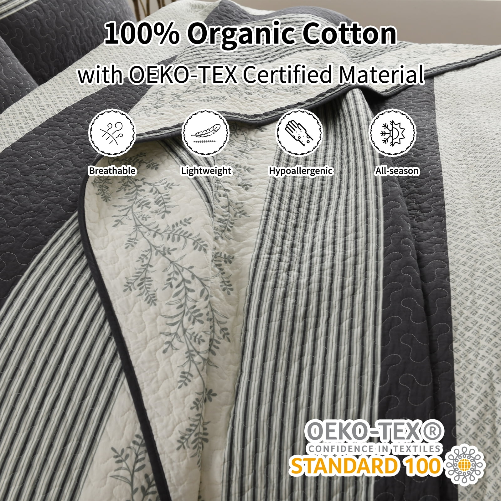 Bedduvit White Gray Floral Striped Quilt Queen, 100% Organic Cotton Queen Size Quilted Bedspread Set with 2 Shams, Botanical Vintage Lightweight Reversible 3-Piece Coverlet Bedding Set, 98"x90"