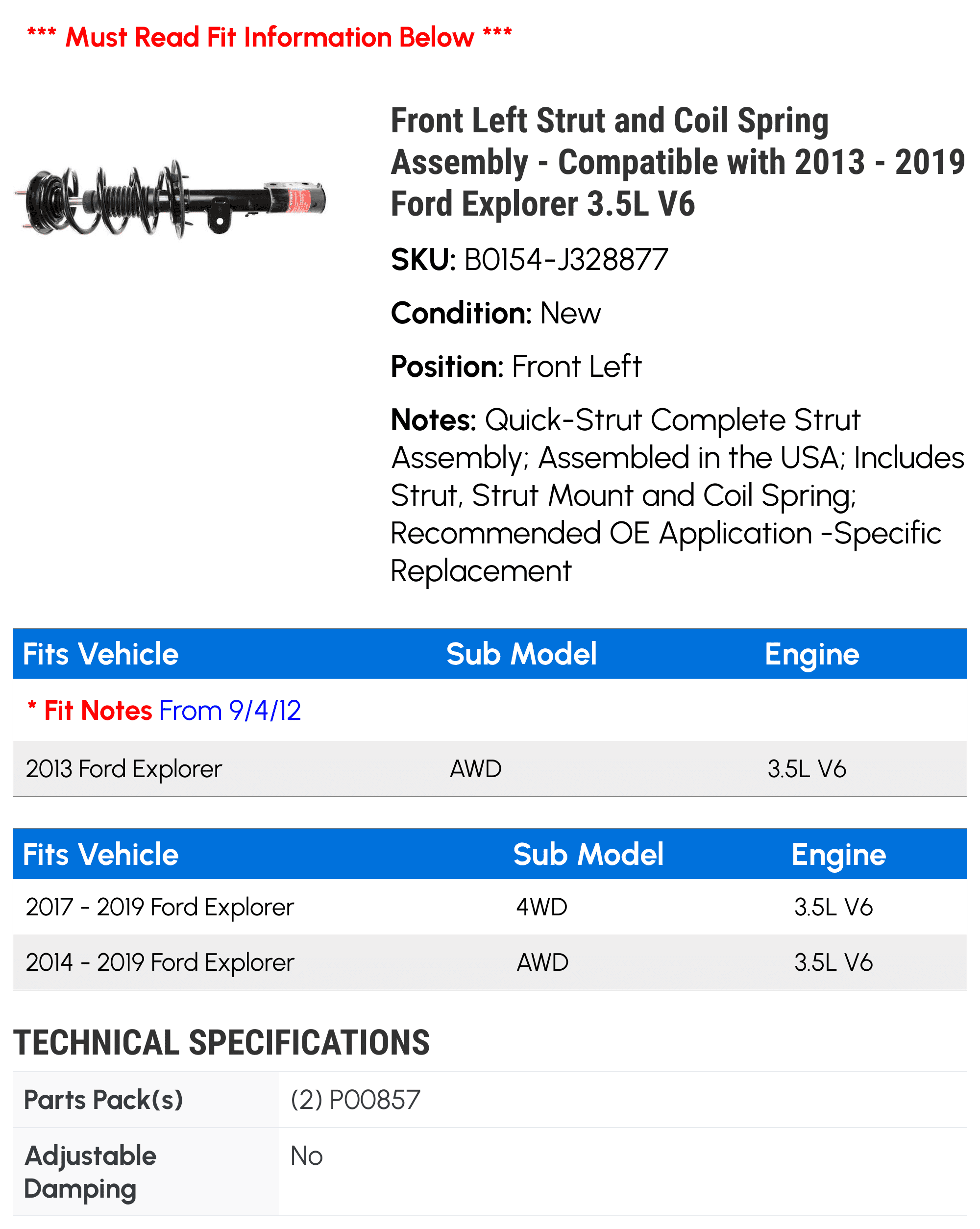 Front Left Strut and Coil Spring Assembly - Compatible with 2013 - 2019 Ford Explorer 3.5L V6 2014 2015 2016 2017 2018