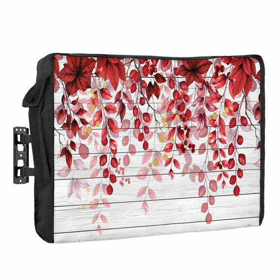 Outdoor TV Cover 30 to 32 Inches, Red Eucalyptus Leaves Abstract Branch Retro Wood Grain Waterproof and Weatherproof TV Cover with Remote Control Pocket, Flat Screen TV Cover Protector for Outside TV
