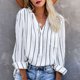 thumbnail image 2 of Long Sleeve Striped Blouse V Neck Button Down Loose Fit Women Casual Shirt for Daily Work Shopping White L, 2 of 7