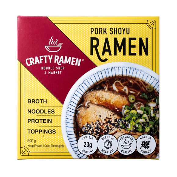 Pork Shoyu Ramen, Restaurant-Quality Frozen Ramen - 500g, 23g Protein per serving. Includes: broth, noodles, protein, toppings. Ready in minutes.