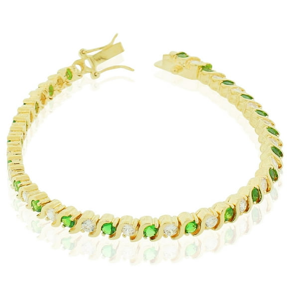 925 Sterling Silver Clear Green Emerald-Tone Round CZ S-Link Tennis Bracelet, 7"