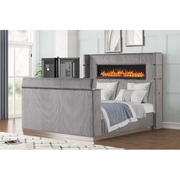 Upholstered Queen Bed with Fireplace Headboard & TV Stand - Grey|Solid Wood|Durable