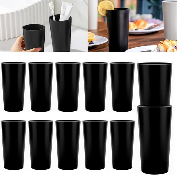 Scheam Stackable Drinking Cup Set 12 Pcs Reusable Plastic Water Cups Durable Shatter-resistant Tumblers for Juice Soda Milk Coffee,18 Ounce,Dishwasher Safe,for Holiday Party (Black)
