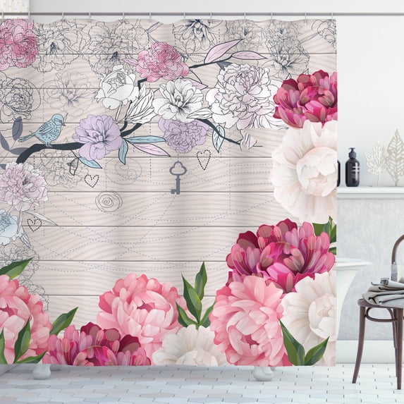 French Vintage Flower Rustic Peonies Sparrow Art Nouveau Painting Shower Curtain