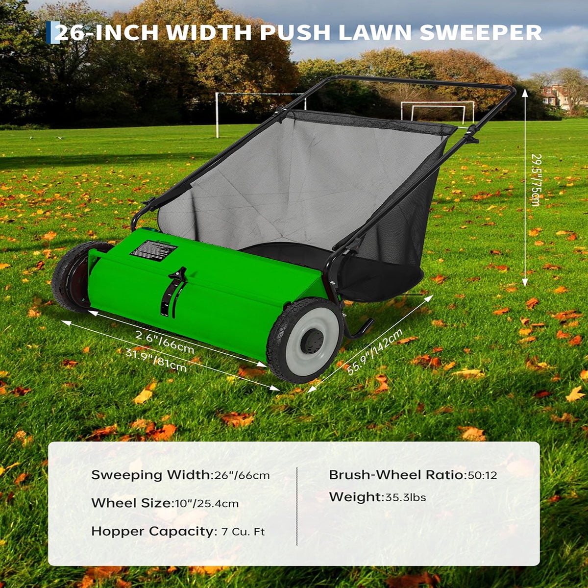 Ataucjin Push Lawn Sweeper,26 inch Width Enhanced 4-Brush System, 7 ft Capacity Heavy Duty Steel Frame, Ideal for Yard and Garden Cleanup