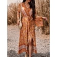 thumbnail image 4 of Cenuakty Women's Summer Bohemia Long Dress Long Sleeve Wrap V-Neck Retro Print Tie Front Slit A-Line Dress for Beach, Party, 4 of 8