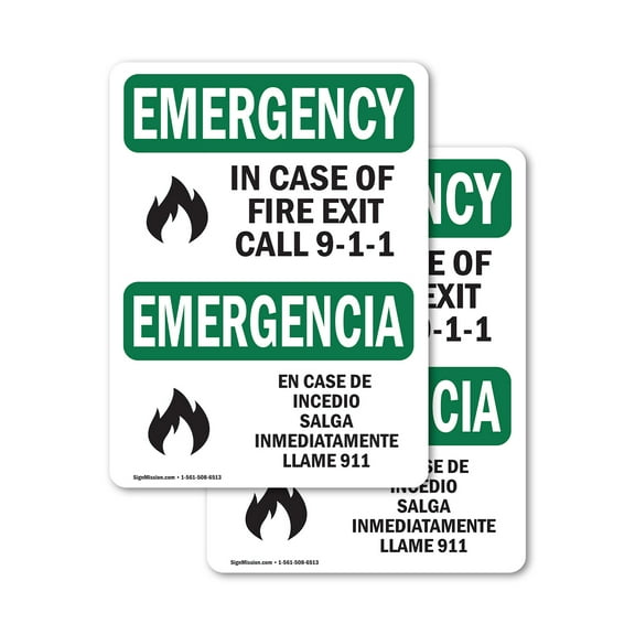 (2 Pack) In Case Of Fire Exit Call 9-1-1 Bilingual OSHA Emergency Sign