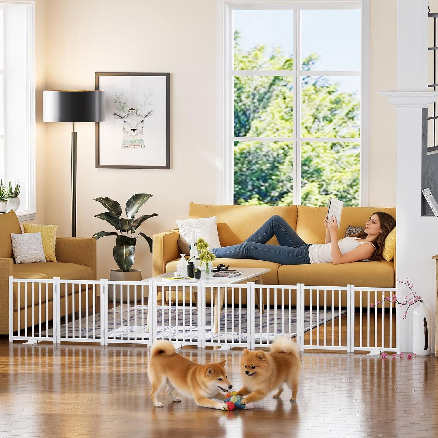 2 Pack Short Dog Gate Indoor, 16" High Freestanding Small Dog Gates with Support Feet, Expand Up to 48’’Wide Foldable Pet Gate for Doorway, 8 Panel Pet Door Pet Fence for Puppy, White