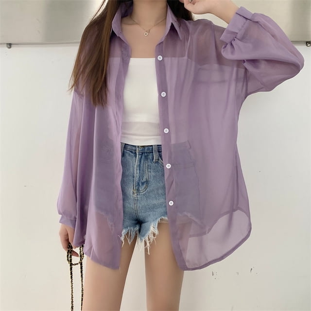 Camisa brillante transparente para mujer, blusa de manga larga, blusa ligera de organza transparente, atuendo informal de verano para mujer