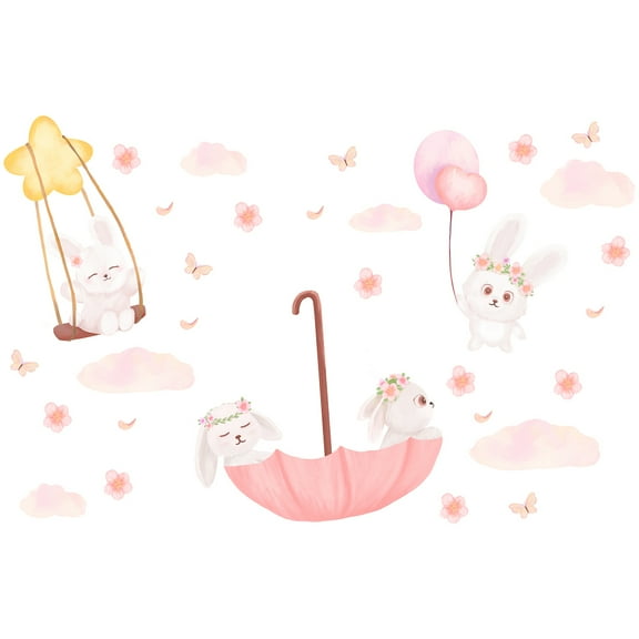 Pink Cloud Rabbit Wall Stickers Cherry Blossom Star Swing Wall Decal with Umbrella Balloon Design Wall Decor for Baby Shower Decoration Kid's Bedroom Nursery Decor Gifts for Girl Plastic