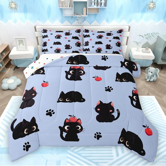 jejeloiu Kawaii Cat Kitten Bedding Comforter Set,Puppy Dogs Paws Print Twin Comforter Sets,Blue Black Bedding Set For Kids,Super Cozy Room Decor Reversible,2-Piece