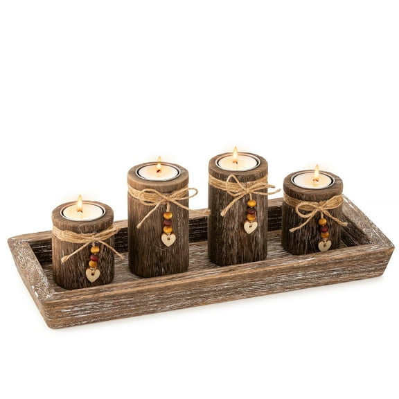 Hanobe Wood Decorative Tray with 4 Tealight Candle Holders -  Farmhouse Coffee Table Centerpiece Decor Dining Room Home Decorations