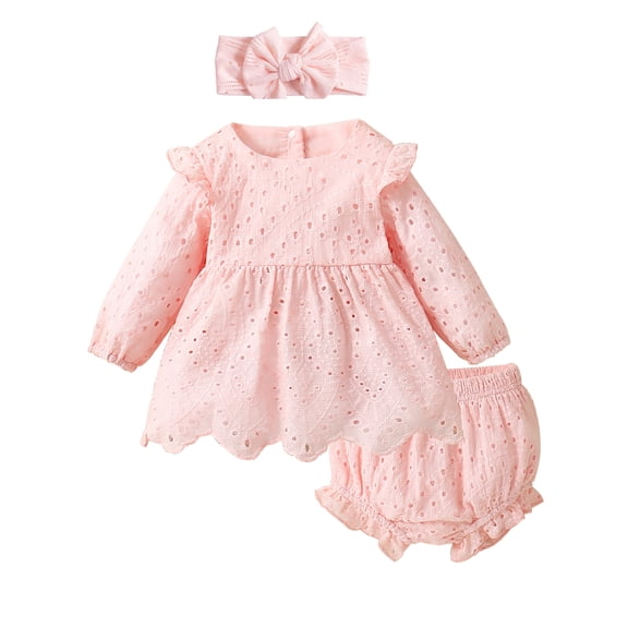 WIBACKER Newborn Baby Girls Long Sleeve Outfits Ruffle Eyelet Dress Top Bloomers Shorts Headband Set Summer Clothes