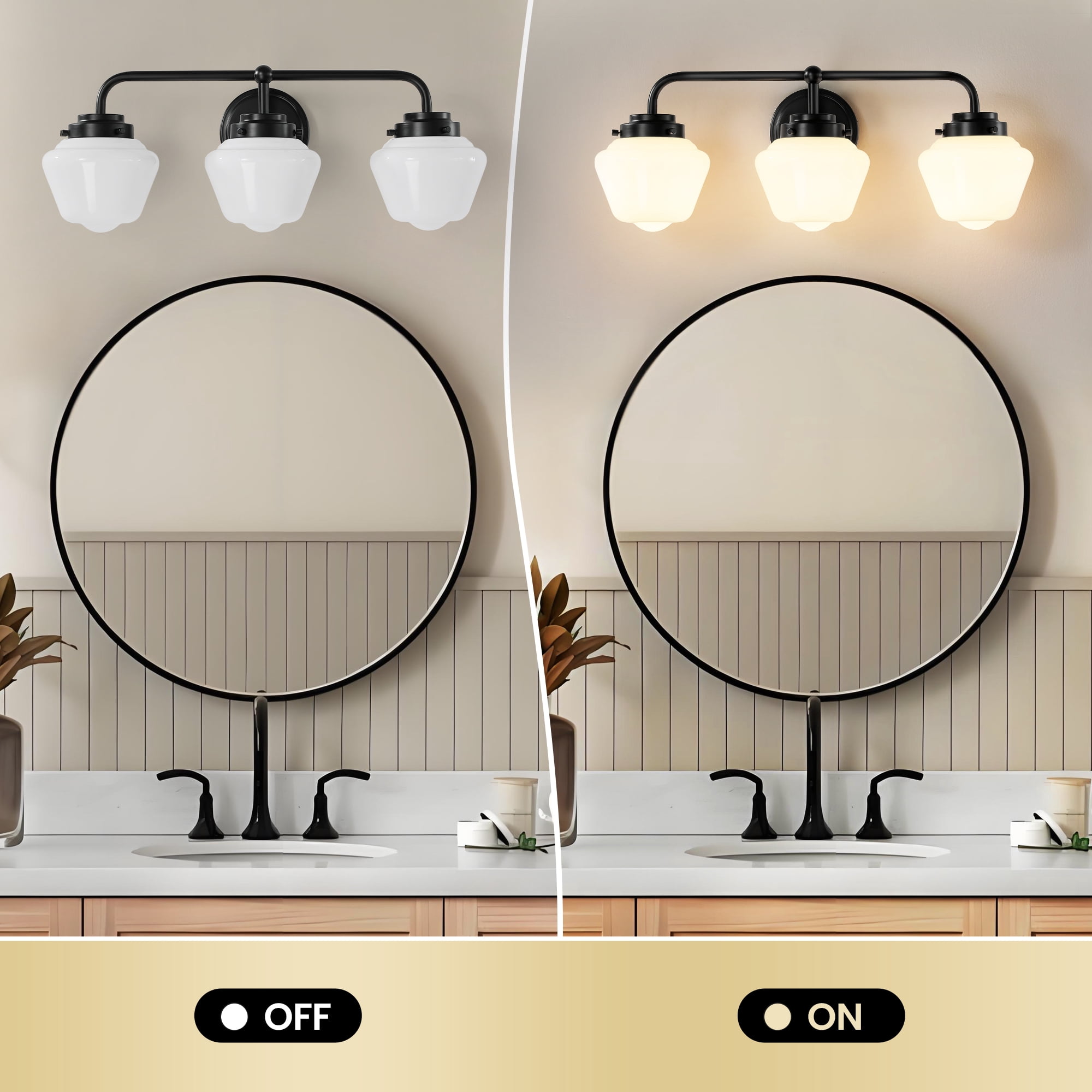 Bathroom Vanity Light Fixtures 3-Lights Gold Vanity Lights Over Mirror, E26 40W Modern Bathroom Lighting Fixture with Milky White Glass for Bath Restroom