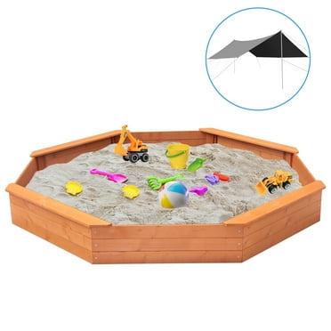 Luyitton Large Outdoor Sandbox 84.5"x 77"x 9.02" Octagon Wooden Sand Pit for Kids with Canopy Tarp