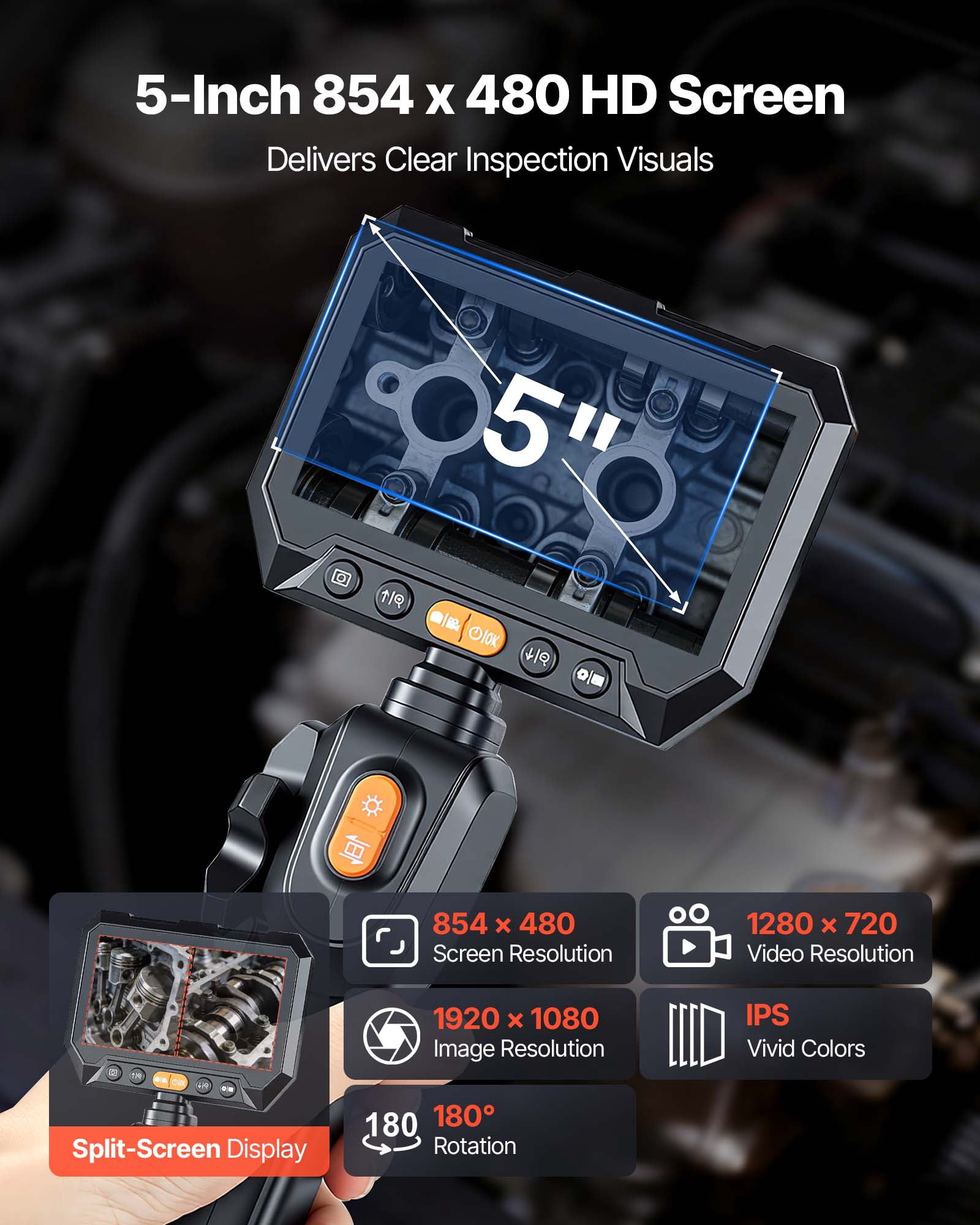 VEVOR 2-Way Dual-Lens Articulating Endoscope with Light, 1080P HD Industrial Borescope Inspection Camera with 0.24-inch Slim Articulated Probe, Rigid Snake Scope Cam for Wall Automotive Inspect-4.9FT